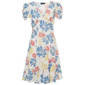 Polo Ralph Lauren Floral Linen Button Front Puff Sleeve Dress White Blue 6